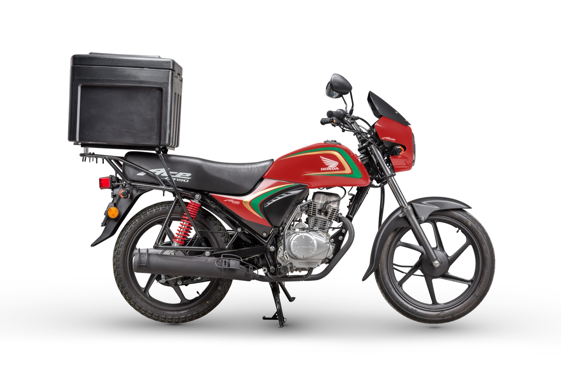Red Honda Ace 150 with delivery box, side view