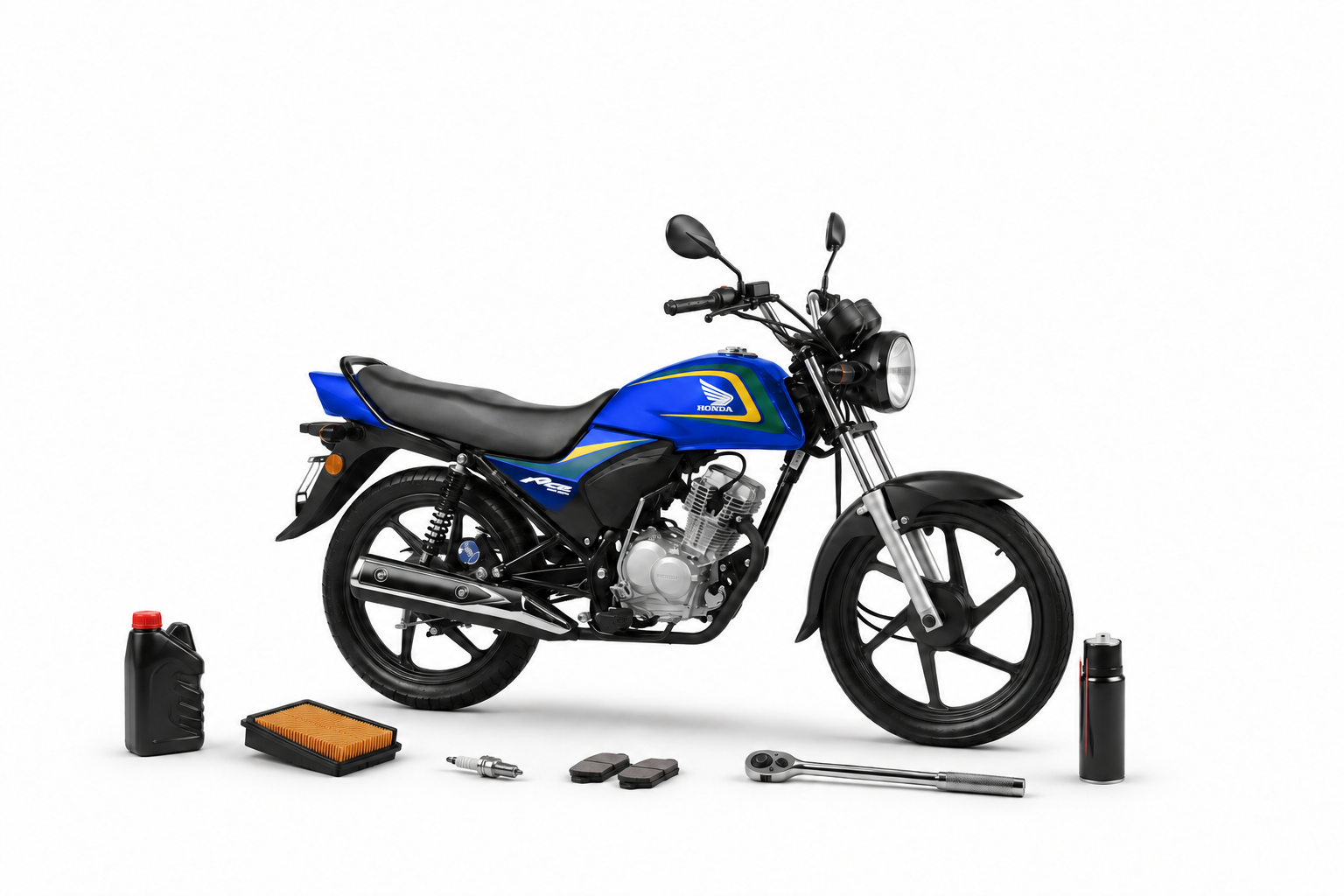 Honda Ace with oil, filter, spark plug and brake pads laid out