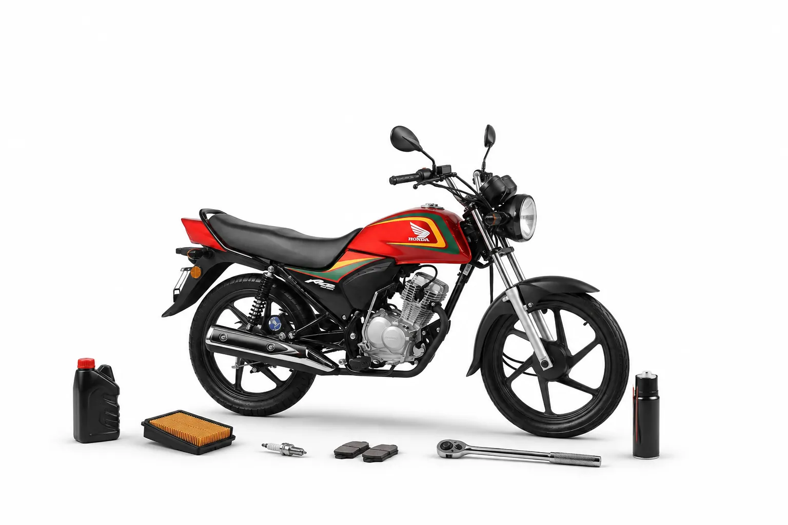 Honda Ace with oil, filter, spark plug, brake pads and tools laid out